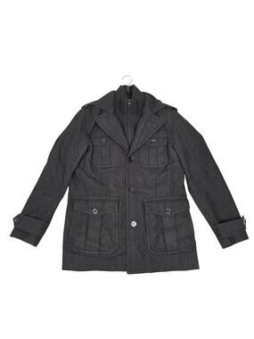 Express Coat Mens Medium Gray Wool Herringbone Military Jacket Tech Lined Winter